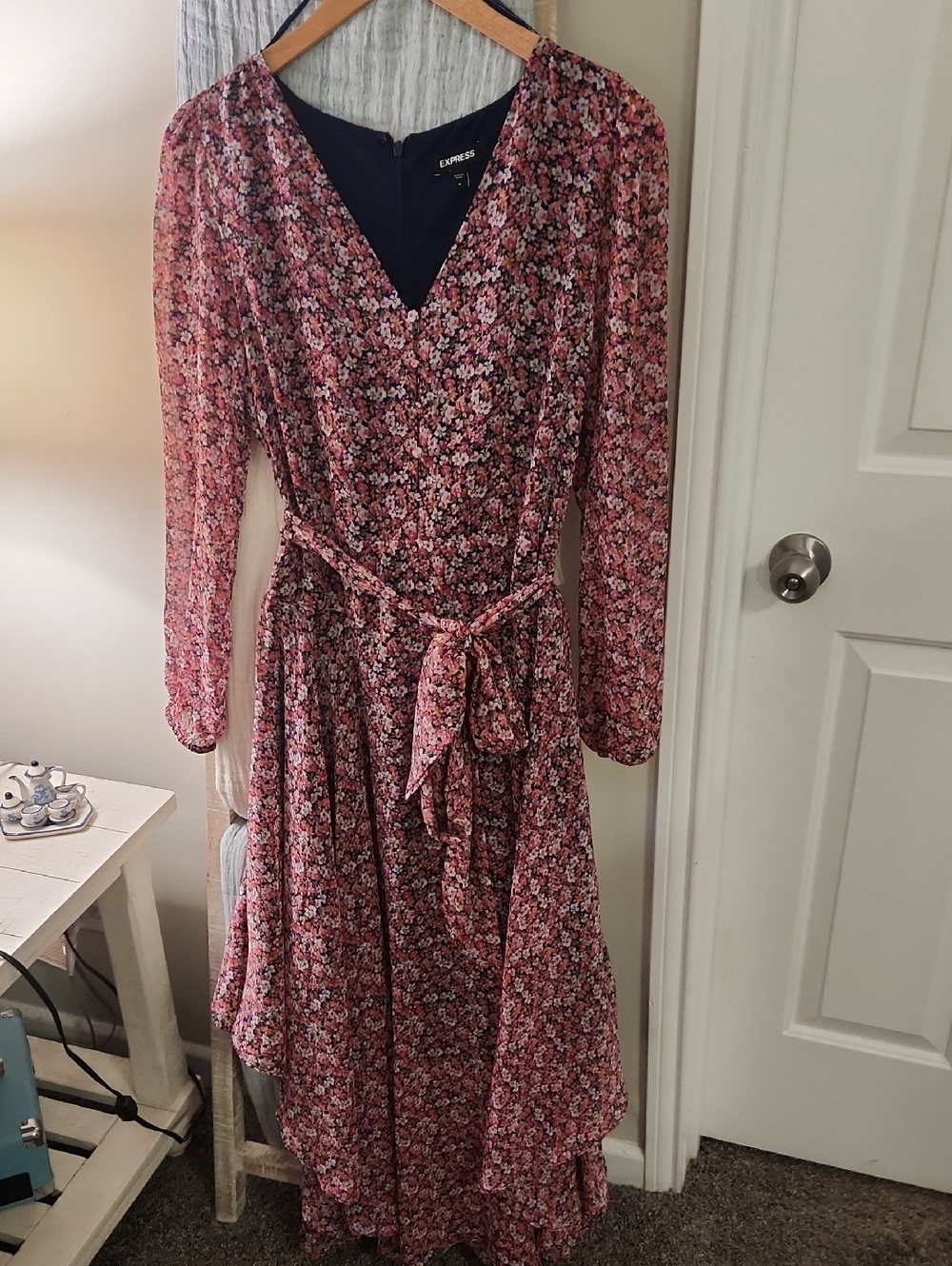 Express Pink Floral Wrap Maxi Dress with Long Sleeves